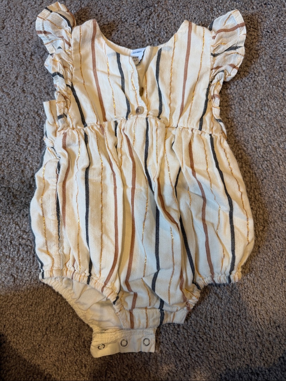 Old Navy Striped Baby Bubble Romper in Cream with Tan Gold & Navy Stripes
